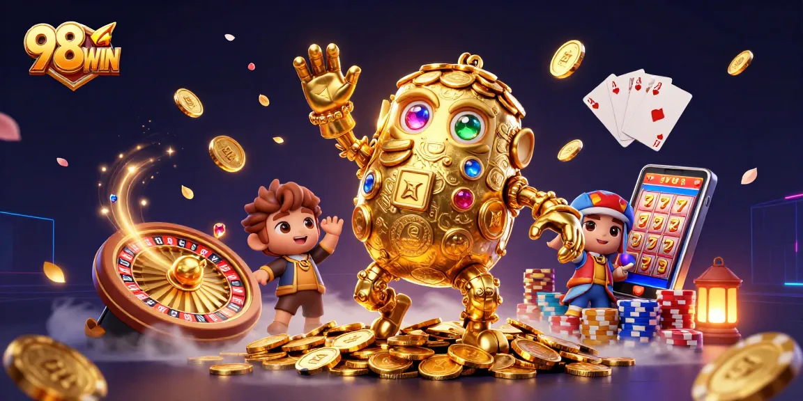 98WIN showcases a dynamic online casino scene with golden characters and vibrant game elements.