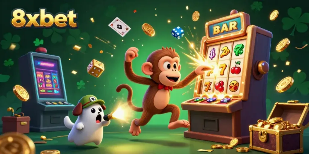 Engage with 8xbet's thrilling casino atmosphere in this dynamic scene of a playful monkey and a curious puppy.