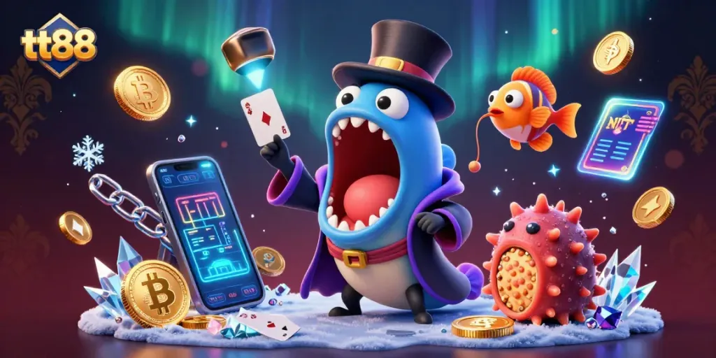 Engage with tt88 as a bioluminescent eel magically performs card tricks amidst crypto coins.
