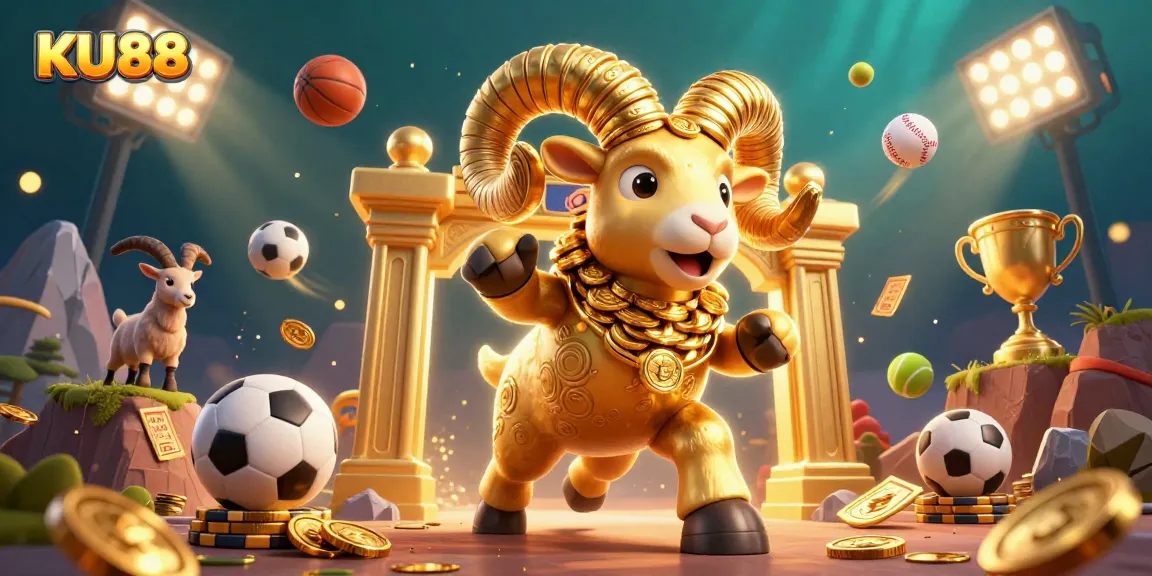 Engage with KU88's thrilling action featuring a golden ram charging through a casino adorned with dynamic sports elements and excitement.