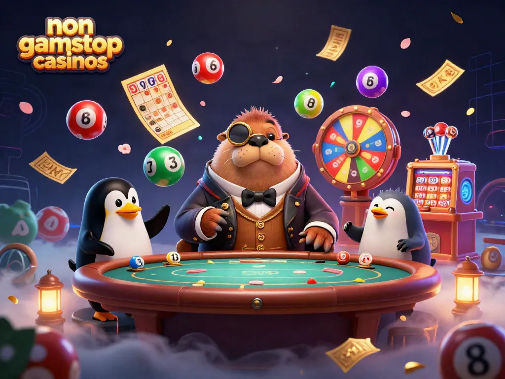 Engaging 3D scene depicting non gamstop casinos with an underwater poker game featuring a walrus, penguin dealer, and pufferfish player.
