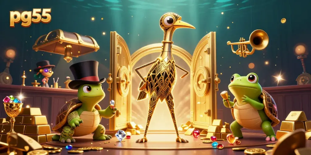 Experience pg55's vibrant casino scene with the dynamic characters in action, surrounded by shimmering treasures.