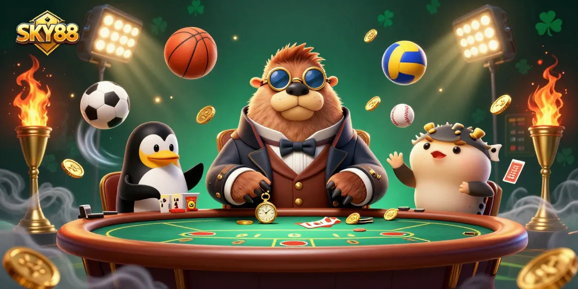 Experience thrilling gameplay at SKY88 with our dynamic betting scene featuring imaginative characters and casino elements.