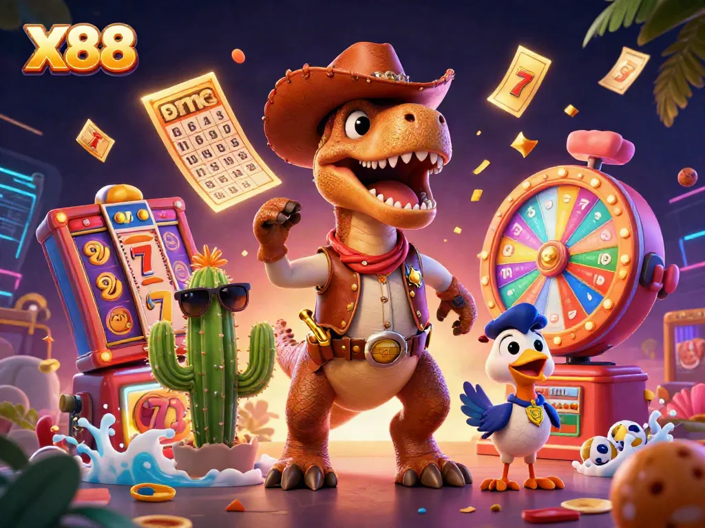 X88 casino adventure with cartoon dinosaur cowboy and vibrant slot elements