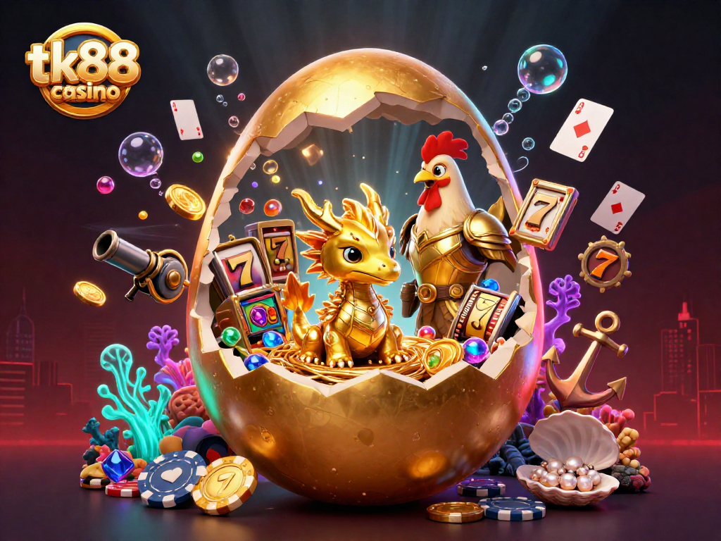 Experience the excitement of tk88 casino with a baby dragon, golden poker chips, and vibrant game elements.