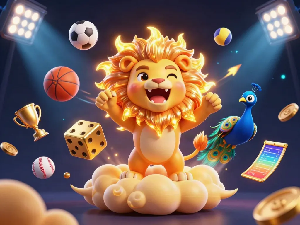 Engage in thrilling gameplay with JUN88 as the 3D lion roars, surrounded by dynamic sports elements.