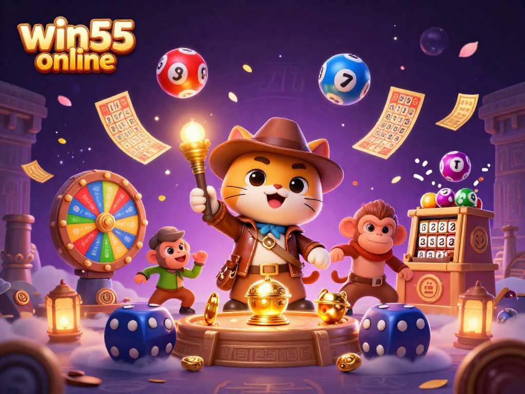 Engage with win55 online in a vibrant 3D casino adventure featuring colorful lottery elements.