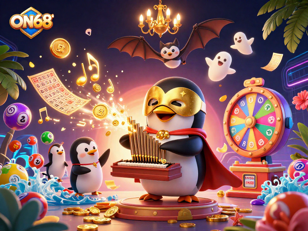 Experience ON68's thrilling atmosphere with colorful lottery games and golden coins raining in a vibrant casino setting.