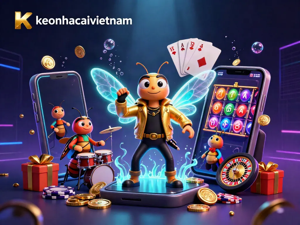 Experience exciting gameplay with keonhacaivietnam featuring a rock star cicada, playful game elements, and vibrant visuals.
