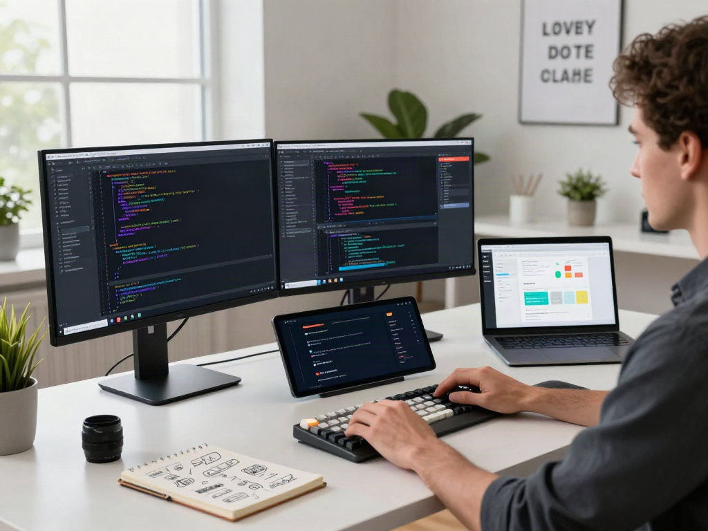 Developer using instant indexing tools at a modern tech desk with code on screens.