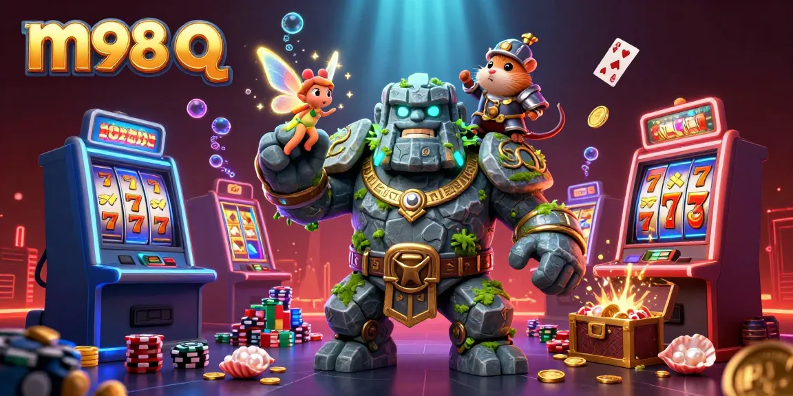 Engage with m98 q's vibrant slots scene featuring a magical golem, knight, and floating casino elements.