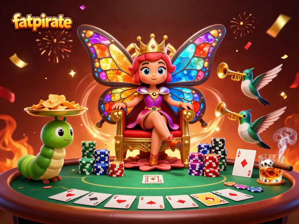 Engage with fatpirate at a vibrant casino scene featuring a cartoon butterfly queen.