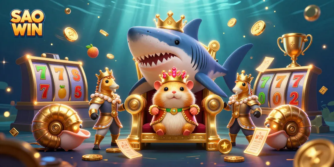 Experience the excitement of SAO WIN through a dynamic casino scene with a golden hamster king and thrilling slot game elements.