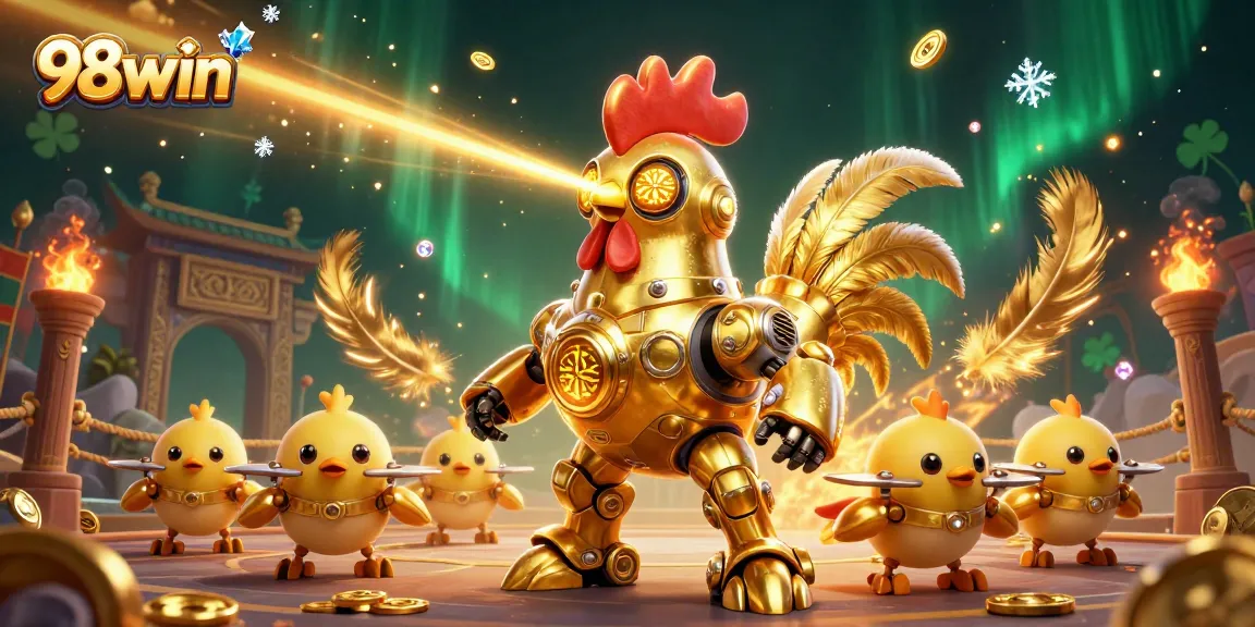 The 98win golden rooster robot beams excitement in a vibrant casino scene filled with betting tokens and golden treasures.