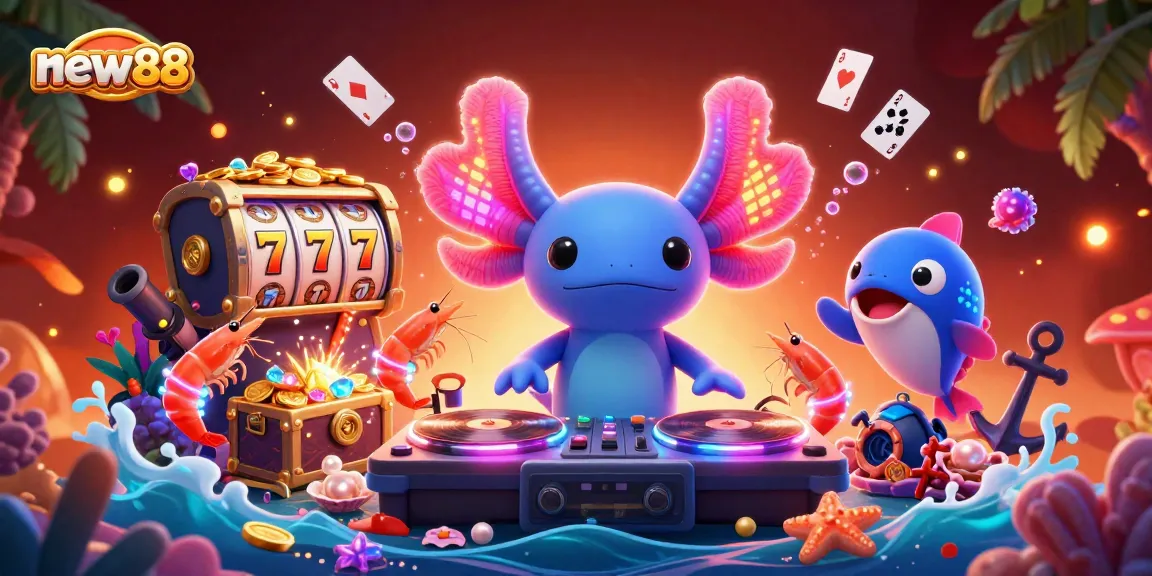 Experience the vibrant world of new88 with a neon-themed underwater casino featuring animated characters and treasure elements.
