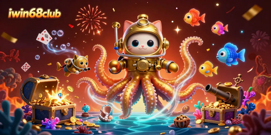 Experience thrilling gameplay at iwin68club with the colossal kraken and diving cat illustration.