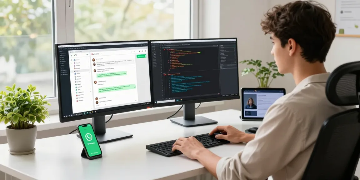 Professional workspace showing WhatsApp下載 in action on multiple screens, conveying a modern tech environment.