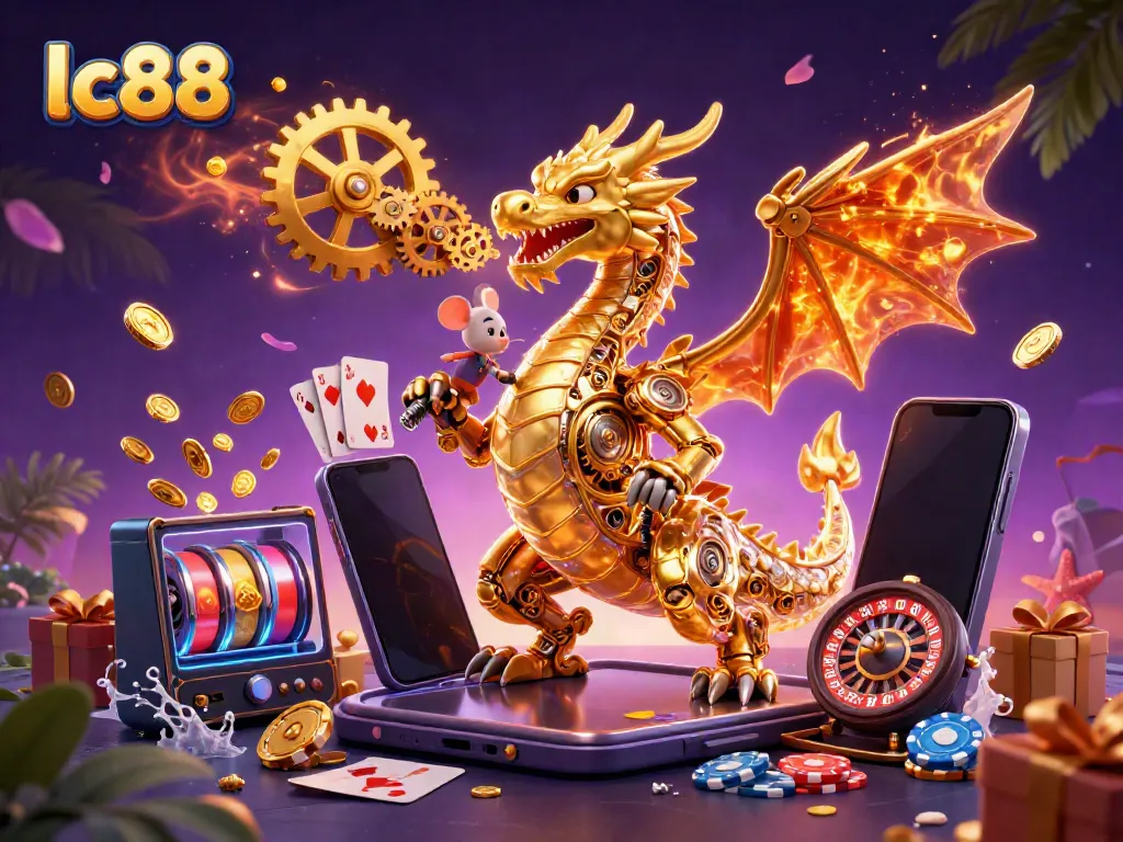 Experience thrilling gaming action with lc88 featuring a golden dragon, vibrant casino elements, and dynamic game visuals.