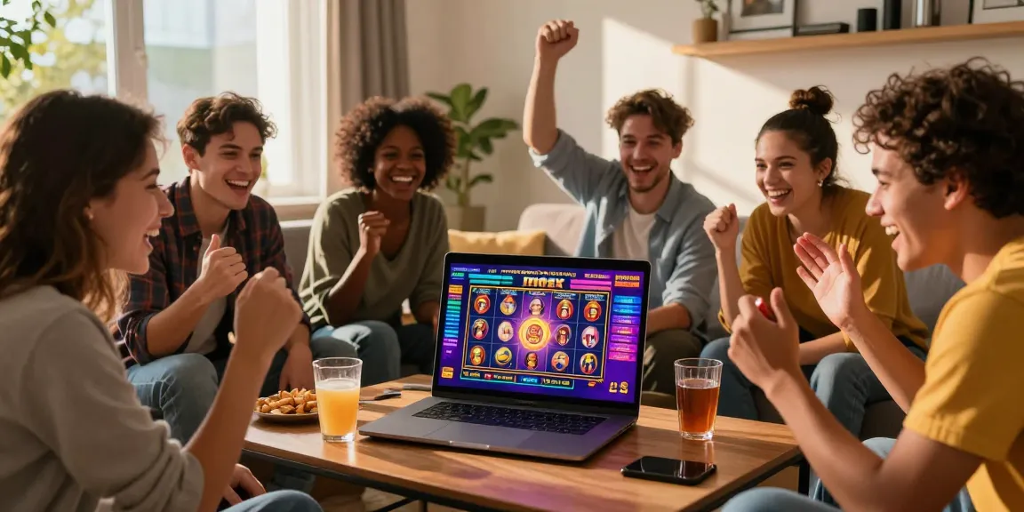 Friends enjoying free spins on registration UK at home, celebrating online gaming.
