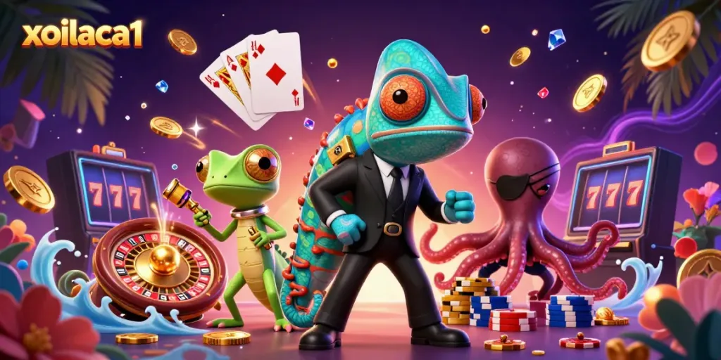 Experience the thrill of gaming with xoilaca1's characters in a vibrant casino setting.