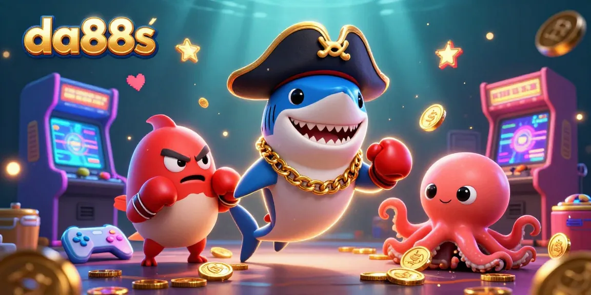Engage with da88s in a vibrant 3D casino scene featuring a pirate shark, pufferfish, and octopus with playful gaming elements.
