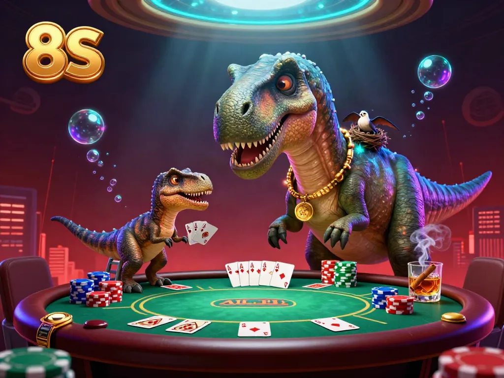 Engaging illustration depicting 8S in a whimsical casino scene with a brontosaurus and raptor dealer.