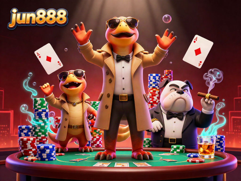 Experience excitement at jun888 with raptors entering a VIP lounge, packed with poker elements.