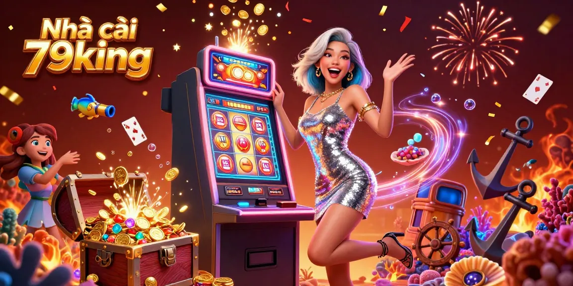 Experience the exciting world of Nhà cái 79king as a stunning Asian woman celebrates a jackpot win on a vibrant slot machine!