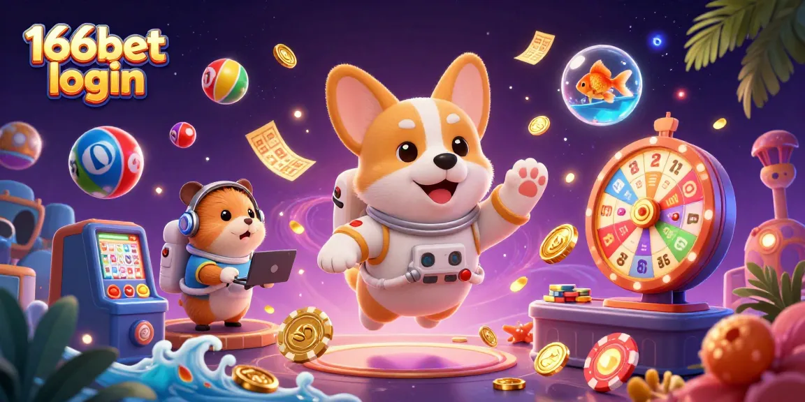 Engage with 166bet login, featuring a vibrant 3D casino scene with animated characters and gambling elements.