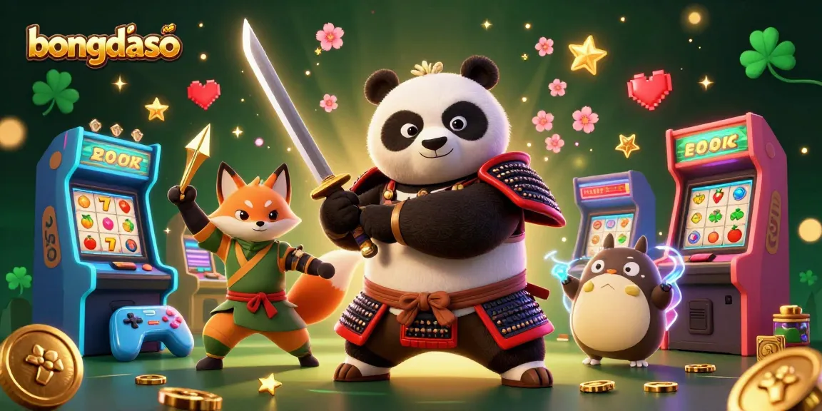 Bongdaso showcases a samurai panda and a ninja fox winning in a vibrant casino atmosphere full of slot elements.