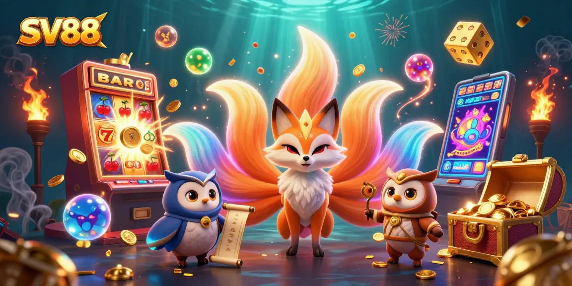 Experience the excitement of SV88's vibrant casino scene with colorful characters and a jackpot celebration.