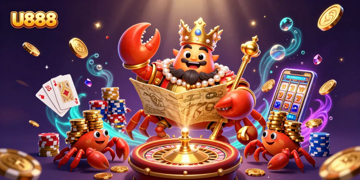 Experience the excitement of U888 with a vivid golden crab emperor and lively casino elements.
