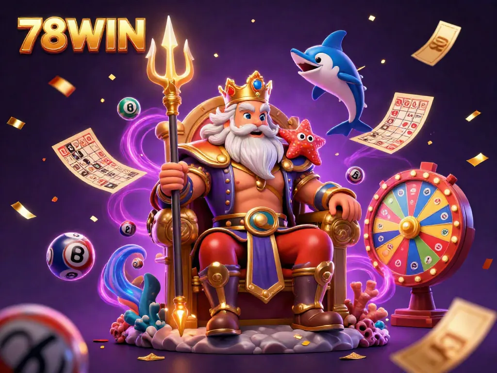 Engage with 78WIN through a vibrant 3D casino illustration showcasing a regal sea king amidst colorful lottery elements and festive details.