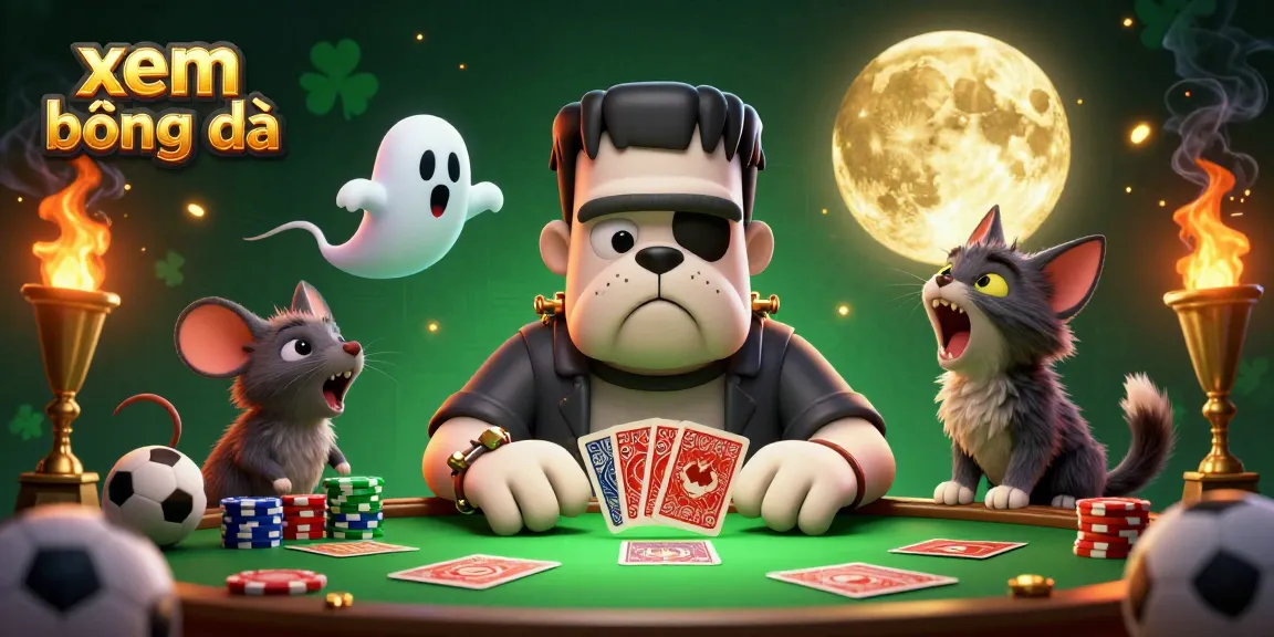 Xem bóng đá action-packed scene with a bulldog dealer, a ghost mouse, and a werewolf kitten at a spooky betting table.