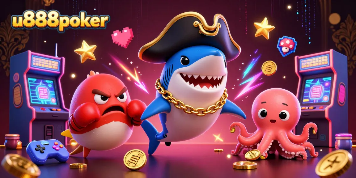 u888poker showcases a dynamic casino scene with cartoon characters and vibrant gaming elements, emphasizing fun and excitement.