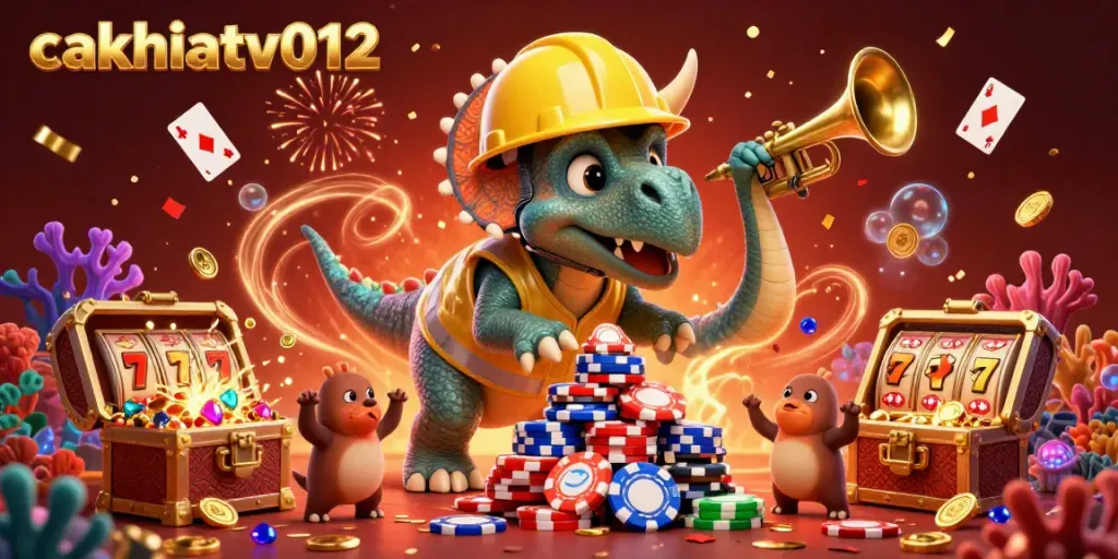 Experience live gaming excitement with cakhiatv012 as cartoon dinosaurs celebrate amidst poker chips and colorful gems.