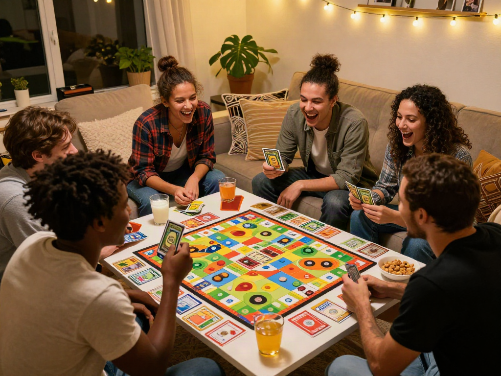 Friends enjoying a fun sex game night, laughter and excitement in a cozy living room.