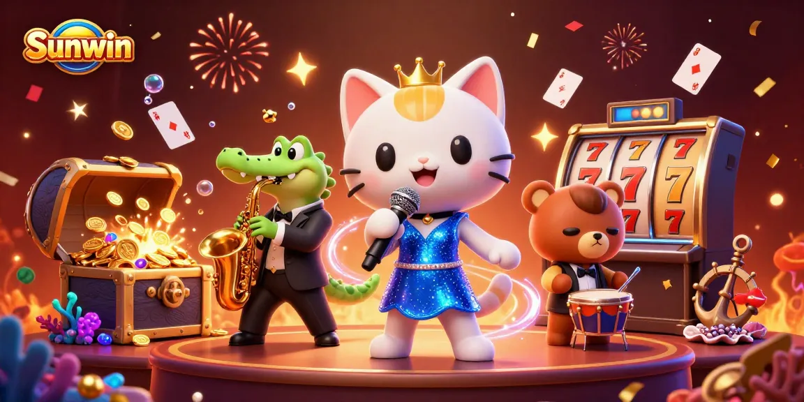 Engage with exciting games at Sunwin through a vibrant casino scene featuring dynamic characters.