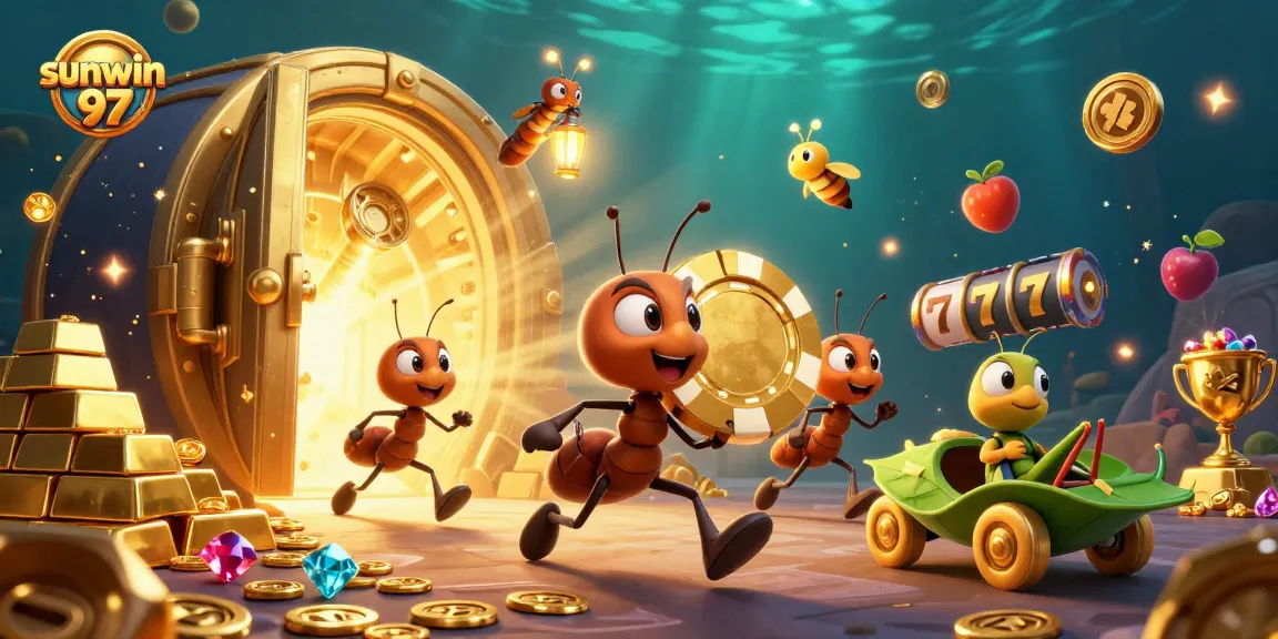 Experience the thrill of sunwin 97 with ants heisting a giant poker chip in a vibrant casino scene.