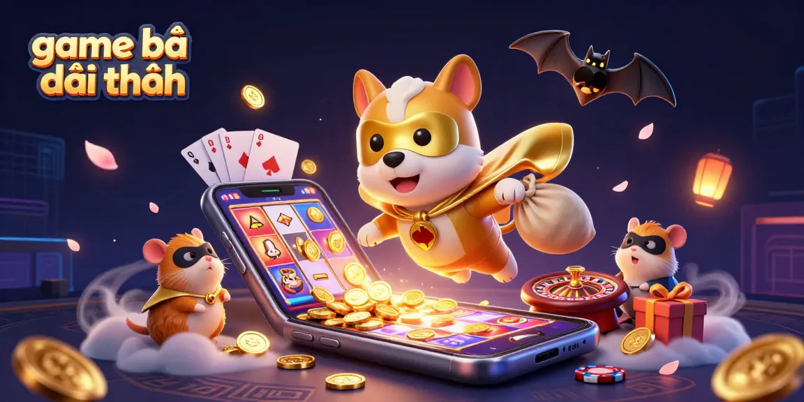 Experience the excitement of game bài đổi thưởng with a superhero dog and hamster amidst vibrant casino elements.