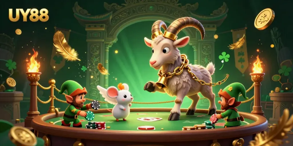 Experience the charm of UY88 with a Krampus goat running a festive casino full of surprises and mischief.