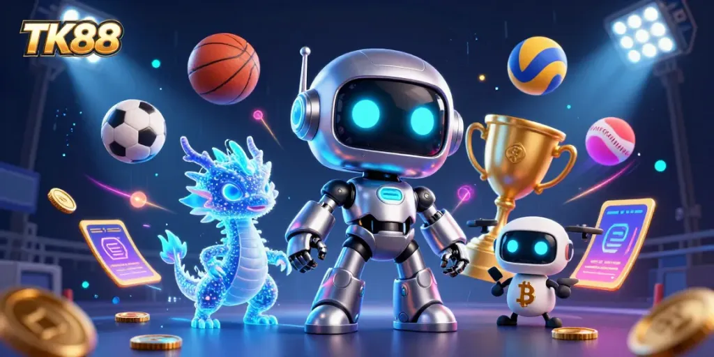 TK88 online casino gaming with a cyberpunk mascot, sports elements, and vibrant visuals