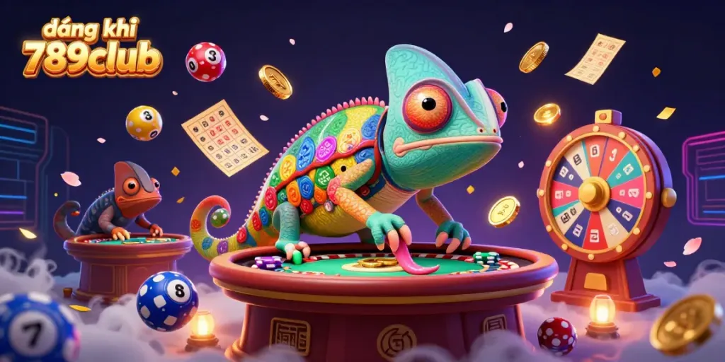 Join the action with đăng ký 789club as the chameleon casino owner captures excitement in a vibrant casino scene.