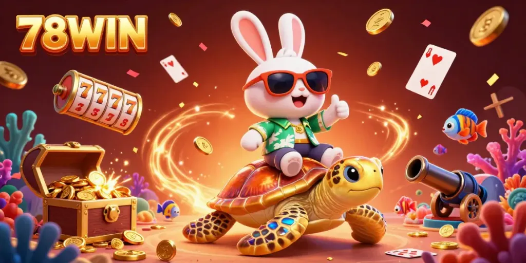 Engage in casino fun with 78WIN, featuring a lucky rabbit and golden sea turtle amidst vibrant underwater gaming elements.