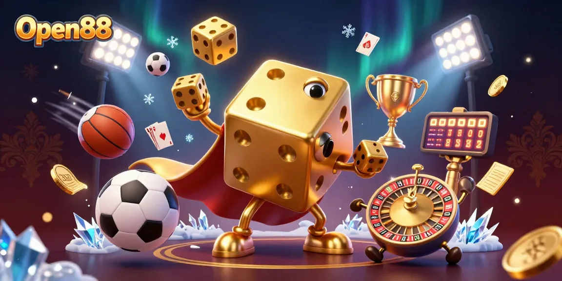 Open88 presents a vibrant scene with a golden dice golem juggling and dynamic sports elements.