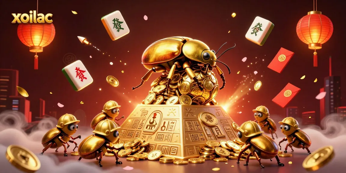Experience the excitement of xoilac as golden beetles roll coins up a glowing pyramid in this dynamic casino scene.