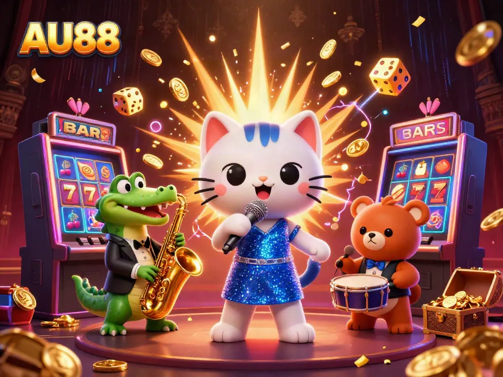 Engage with AU88's vibrant casino scene featuring a jazz-singer cat, saxophone crocodile, and drum bear.