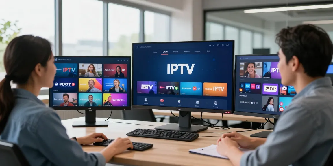 Trusted IPTV reseller UK demonstrating a user-friendly service in a modern office environment, showcasing community-focused business.