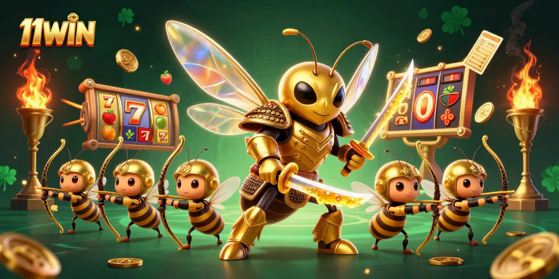Experience thrill with the 11WIN casino as golden hornet warriors battle amidst vibrant slot symbols.