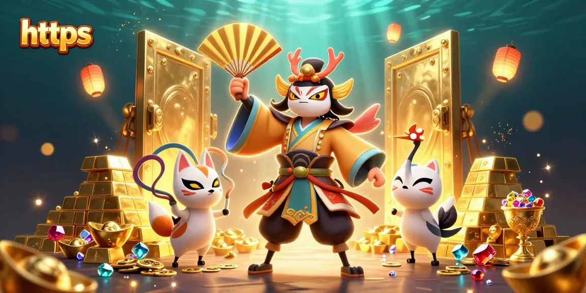 Engage in gaming thrills at https with vibrant illustrations of a kabuki warrior and fortune treasures.